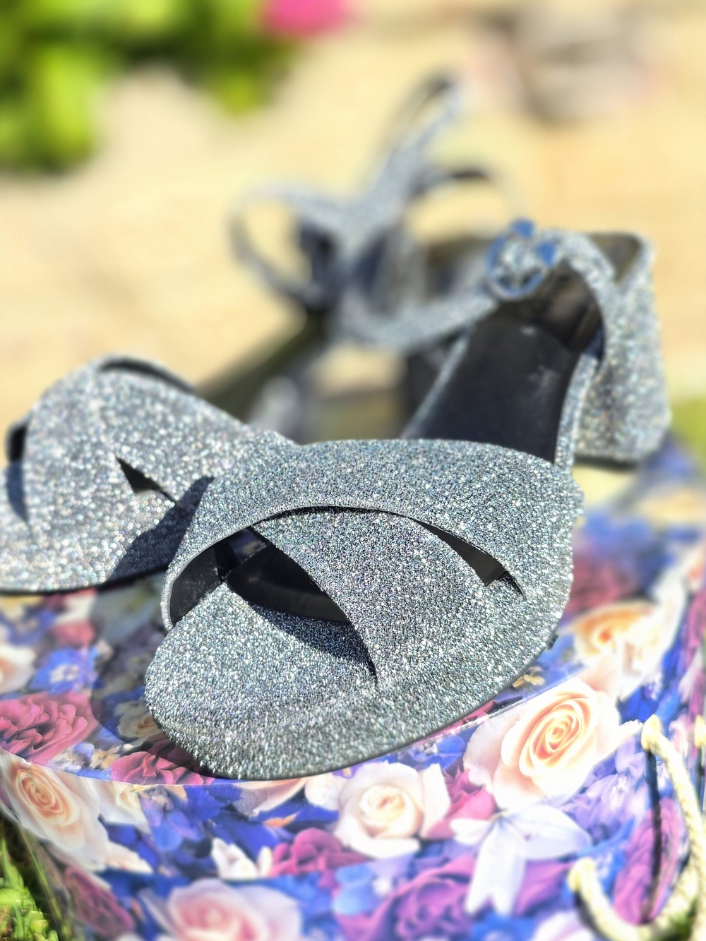 AEROSOLES Silver Glitter Ankle-Strap Block Heels - Picture 2 of 10
